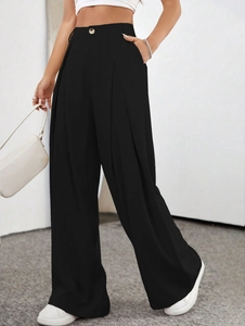 Women High Waist Wide Leg Pants Polyester Spandex Pleated Front Commuter Office Casual Trousers Black Elegant