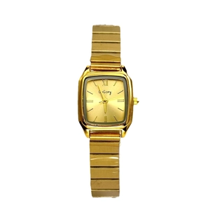 Elegant women's square gold quartz watch with a sleek elastic alloy link chain strap