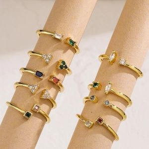 Geometric Open Ring Gold Plated Copper Colorful Cubic Zirconia Adjustable Finger Jewelry Minimalist Fashion For Women