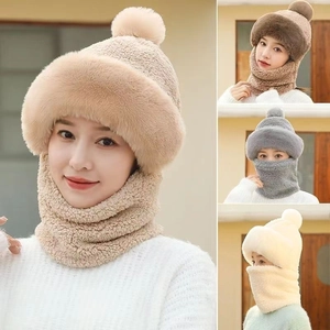 Winter Hat And Scarf Women Knit Plush Faux Fur Thick Warm Windproof Outdoor Cycling Elegant Pom Pom Solid Color