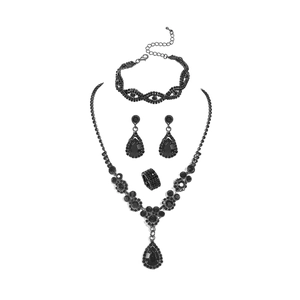 Elegante set di gioielli da sposa con strass neri, collana, bracciale, orecchini e anello