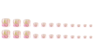 Pink press-on toenails with heart and cherry patterns and French gradient finish