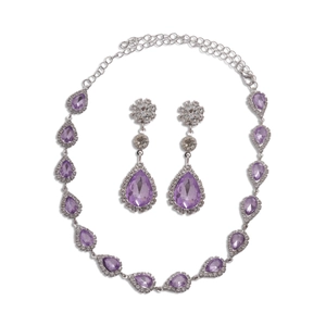 Exquisite purple water drop crystal necklace and earrings set in silver finish