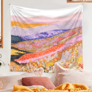 Macro detail of watercolor mountain tapestry texture with vibrant floral printing