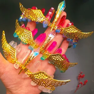Handmade golden wing headband with colorful natural crystal stones for bridal headwear