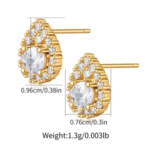 Detail view of gold drop earrings with zircon showing dimensions 0.96cm by 0.76cm