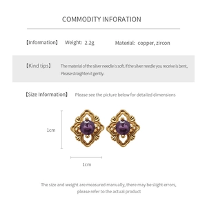 Size chart showing 1cm rhonbus zircon earrings details with material and weight specs