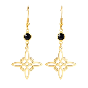 Symmetric gold Celtic witch knot S-shape pendant earrings in stainless steel on white background