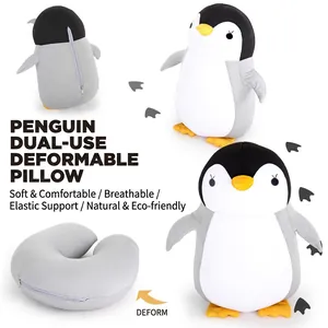 Convertible U-shaped neck pillow and penguin plush toy made of soft foam particles