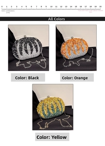 Detailed view of rhinestone clutch bags in black, orange, and yellow with metal chains