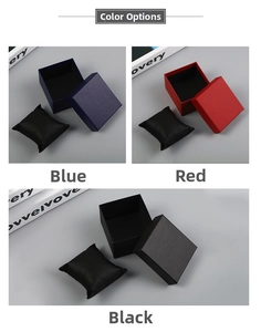 Lid and base watch box set in blue, red, and black with textured paper and pillows