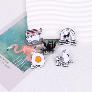 Funny cartoon cat enamel pin set with quirky slogans for bags and jackets decoration