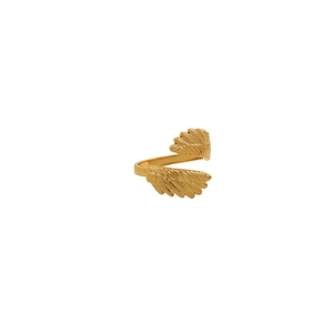 Detailed view of the gold-toned angel wing feathers on the adjustable open metal ring