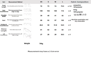 Tableau des tailles pour blazer à chevrons femme avec mesures et conseils d'entretien
