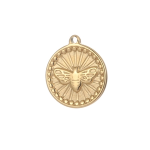 Golden stainless steel bee pendant with textured radial background and beaded edge