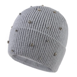 Women's grey knit beanie with rhinestones and studs, thermal ear protection winter hat