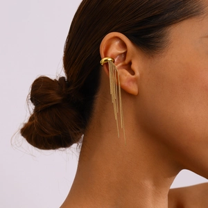 Elegant gold-plated tassel ear cuff featuring sleek hanging chains for a modern look