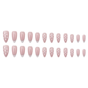 French tip almond press-on nails set with glitter white hearts and studs decor