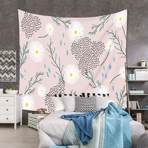Detail of bohemian floral tapestry with white daisies and abstract spots on pink fabric