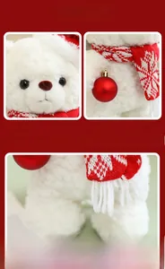 Dettaglio dell'orso di peluche bianco con sciarpa, cappello natalizio e morbido pelo