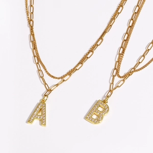 Initial Letter Double Layer Necklace Gold Plated Copper Studded Zircon Paperclip Chain Personality Jewelry