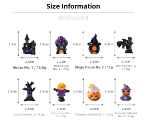 Size chart for Halloween micro landscape figurines showing dimensions of resin houses and trees