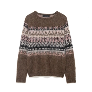 Women Vintage Fair Isle Jacquard Knit Sweater Crew Neck Long Sleeve Fuzzy Pullover Warm Winter Jumper