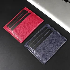Slim PU leather card holder in red and blue with lychee texture and multiple slots