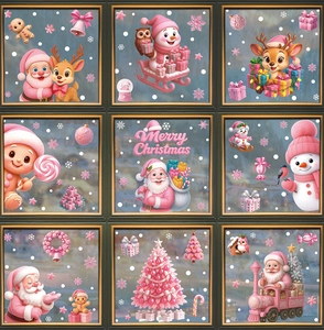 Pink Christmas window static stickers featuring cute gingerbread man and Santa designs