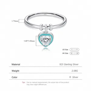 S925 sterling silver heart charm ring with mint blue enamel and cubic zirconia stone
