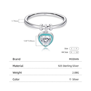 S925 sterling silver heart charm ring with mint blue enamel and cubic zirconia stone