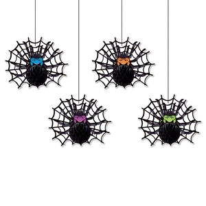 Detailed set of four Halloween 3D honeycomb spider hanging decorations in various colors