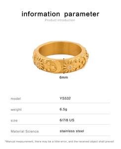 Detail view of 6mm gold stainless steel ring with sun moon relief and US size specs
