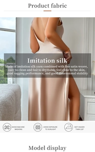 Detail of champagne imitation silk slip dress showing sleek satin texture and side slit
