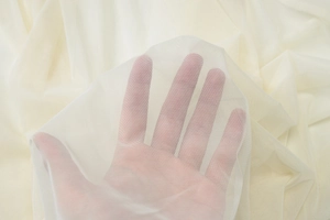 Detail shot of sheer off-shoulder mesh fabric showing fine texture and transparency
