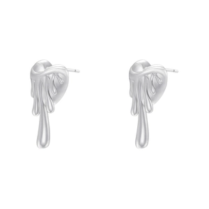 Detailed macro view of silver liquid lava heart earrings with polished metallic finish