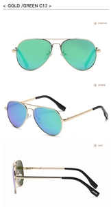 Three-angle view of gold pilot polarized sunglasses with green-blue reflective lenses