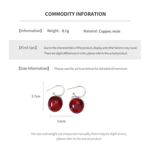 Detailed size specifications for red cherry pendant earrings in copper and resin