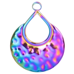 Close-up of rainbow metal waterdrop pendant with hammered texture and 18k gold plating