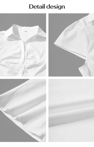 Détail d'un chemisier blanc à manches courtes avec col à revers et texture du tissu en coton