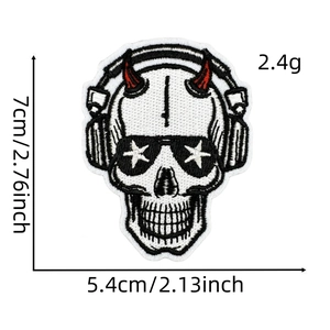 Detailed view of music skeleton embroidery patch with size measurements 7cm x 5.4cm