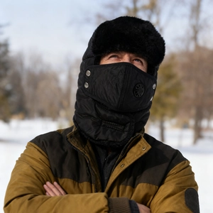 Winter bomber hat with face mask and earflaps for cold outdoor skiing and cycling protection