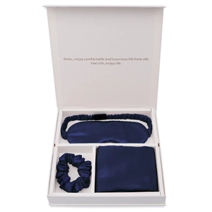 Navy blue 100% mulberry silk gift set with eye mask, scrunchie, and pillowcase in a white box