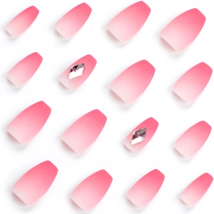 Pink gradient long coffin press-on nails with matte finish and rhinestone accents