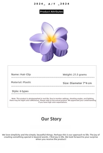 Detail view of purple and yellow gradient plumeria hair claw clip with size measurements