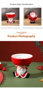 Detailed size specifications for Santa Claus ceramic pet bowls with festive snowflake prints