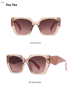 Dual view of amber oversized sunglasses featuring geometric temples and gradient lenses