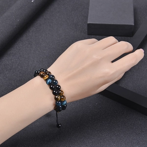 Double layer 8mm blue tiger eye and black agate stone beaded bracelet for men