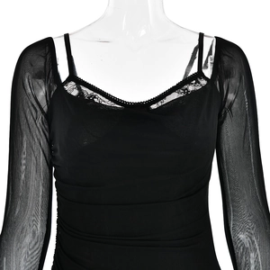 Detail of black dress featuring sheer mesh long sleeves and delicate lace V-neckline