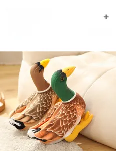 Detail of plush mallard duck couple showing realistic feather textures on a beige sofa